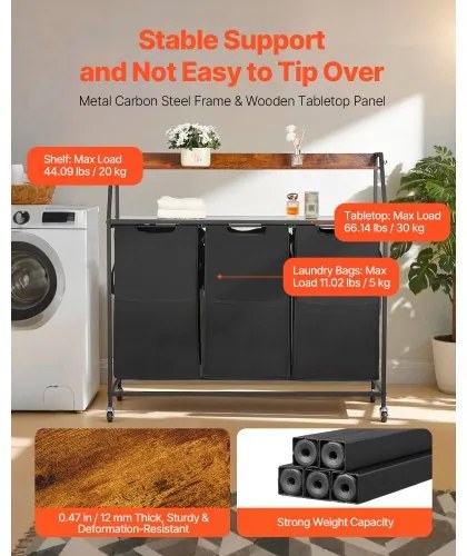 VEVOR 2 Tiers Laundry Sorter Tall Laundry Hamper with Wheels and Hooks 3 Section