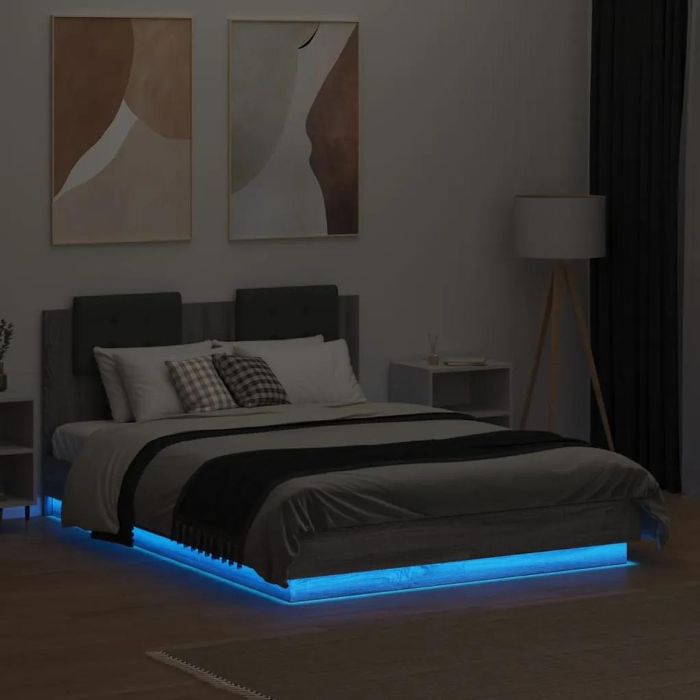 vidaXL Πλαίσιο Κρεβατιού με Κεφαλάρι/LED Γκρι Sonoma 135x190 εκ.