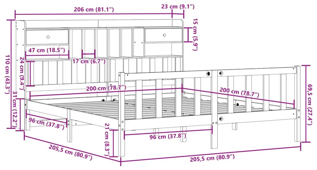 Κρεβάτι Βιβλιοθήκη Χωρίς Στρώμα 200x200 εκ Μασίφ Ξύλο Πεύκου - Καφέ