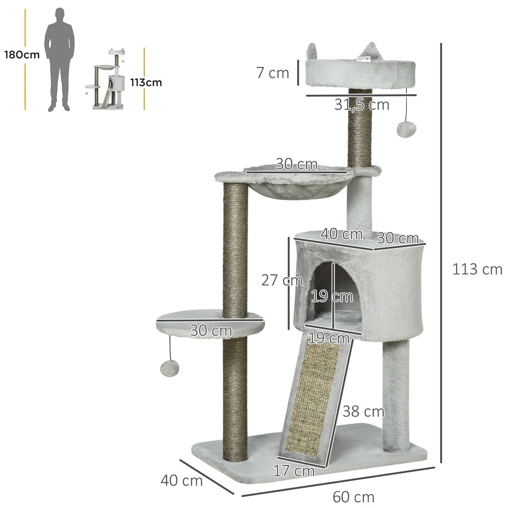 Δέντρο για γάτες με σπιτάκι, κρεβάτι, αιώρα και παιχνίδια, 60 x 40 x 113 εκ., Ανοιχτό γκρι