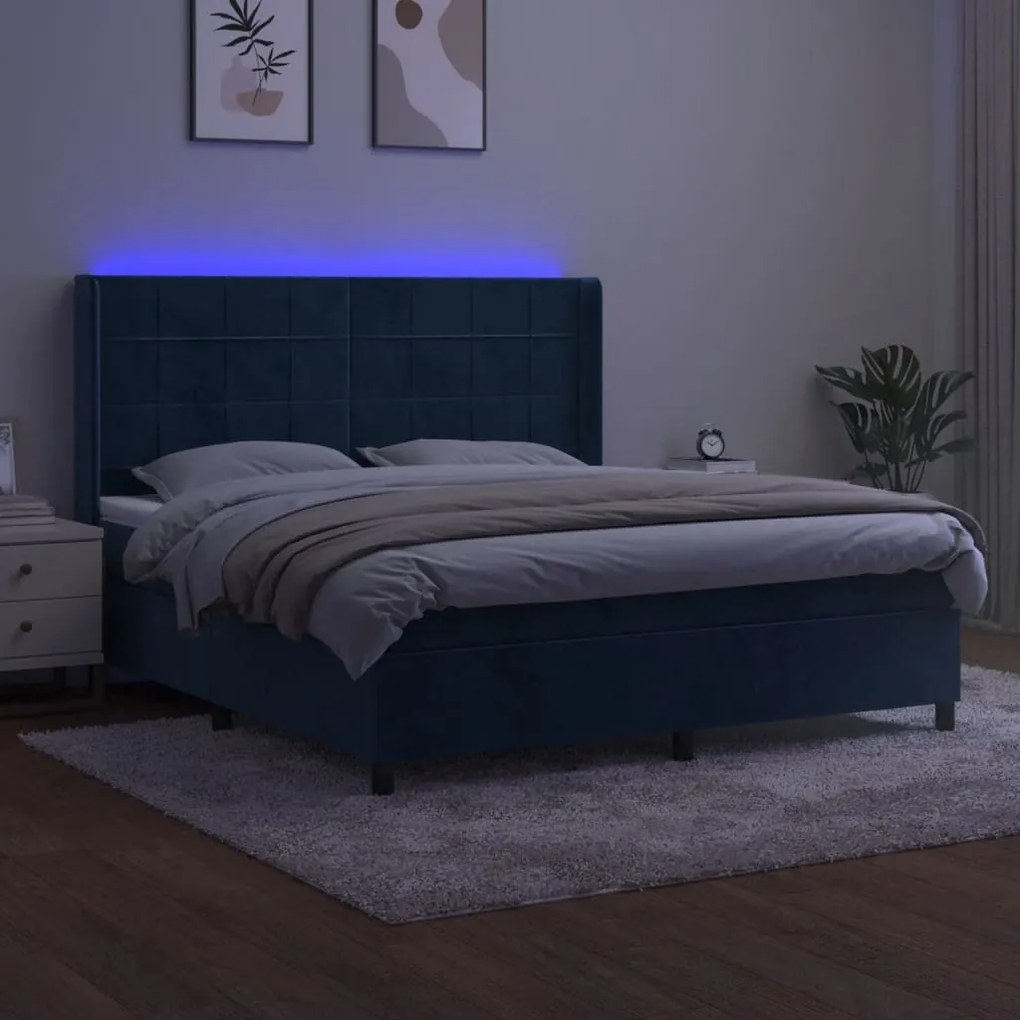 vidaXL Κρεβάτι Boxspring με Στρώμα &amp; LED Σκ. Μπλε 180x200εκ. Βελούδινο