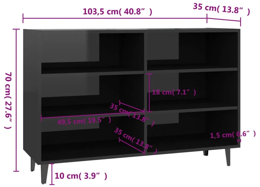 vidaXL Ραφιέρα Γυαλιστερό Μαύρο 103,5 x 35 x 70 εκ. από Επεξ. Ξύλο