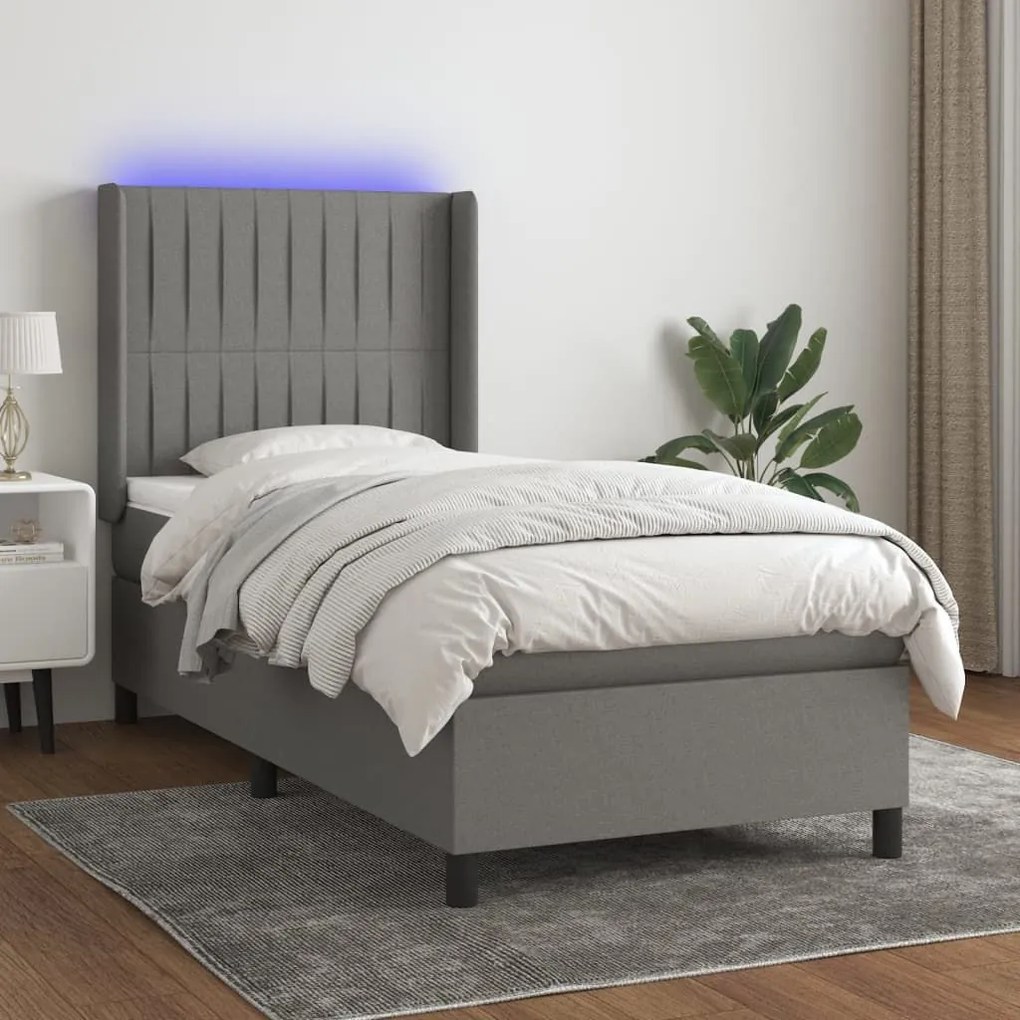 Κρεβάτι Boxspring με Στρώμα &amp; LED Σκ.Γκρι 90x190 εκ. Υφασμάτινο - Γκρι