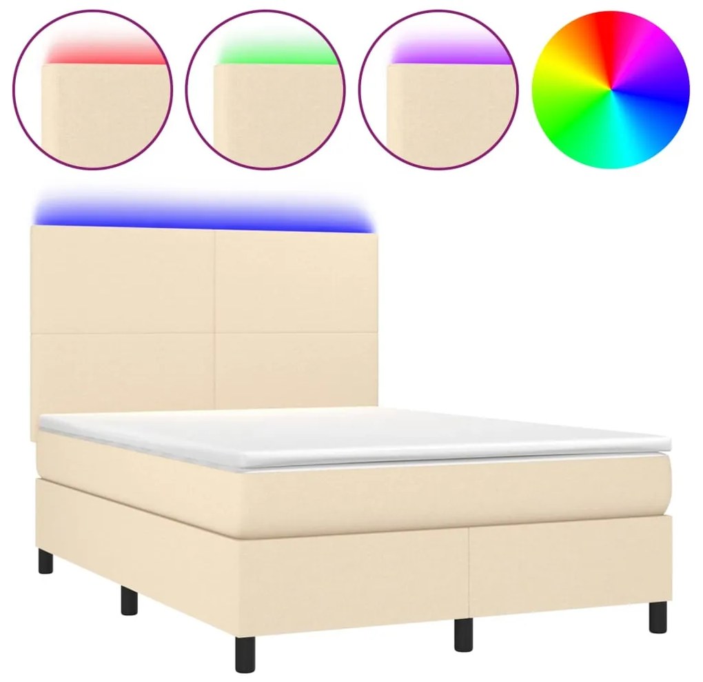 vidaXL Κρεβάτι Boxspring με Στρώμα &amp; LED Κρεμ 140x200 εκ. Υφασμάτινο