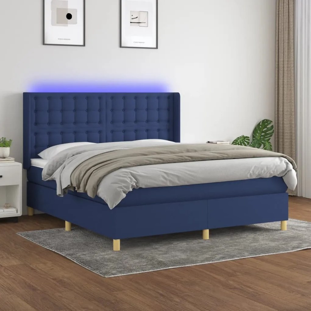 Κρεβάτι Boxspring με Στρώμα &amp; LED Μπλε 180x200 εκ. Υφασμάτινο