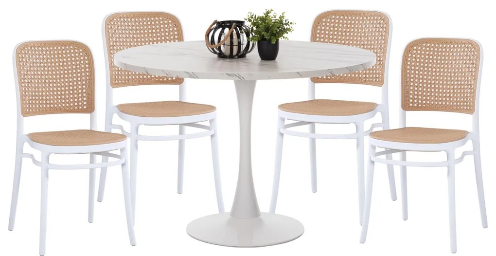 DINING SET 5PCS  ROUND TABLE AND POLYPROPYLENE CHAIRS IN WHITE