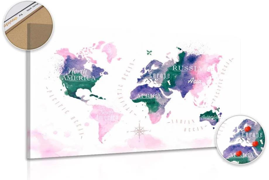 Εικόνα στον παγκόσμιο χάρτη φελλού σε σχέδιο ακουαρέλας - 120x80  color mix