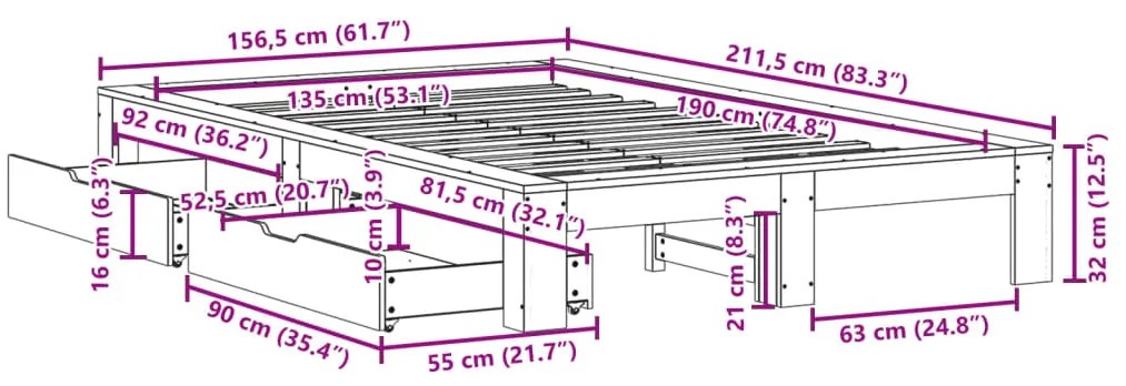 Σκελετός Κρεβ. Χωρίς Στρώμα Καφέ Κεριού 135x190 εκ Μασίφ Πεύκο - Καφέ