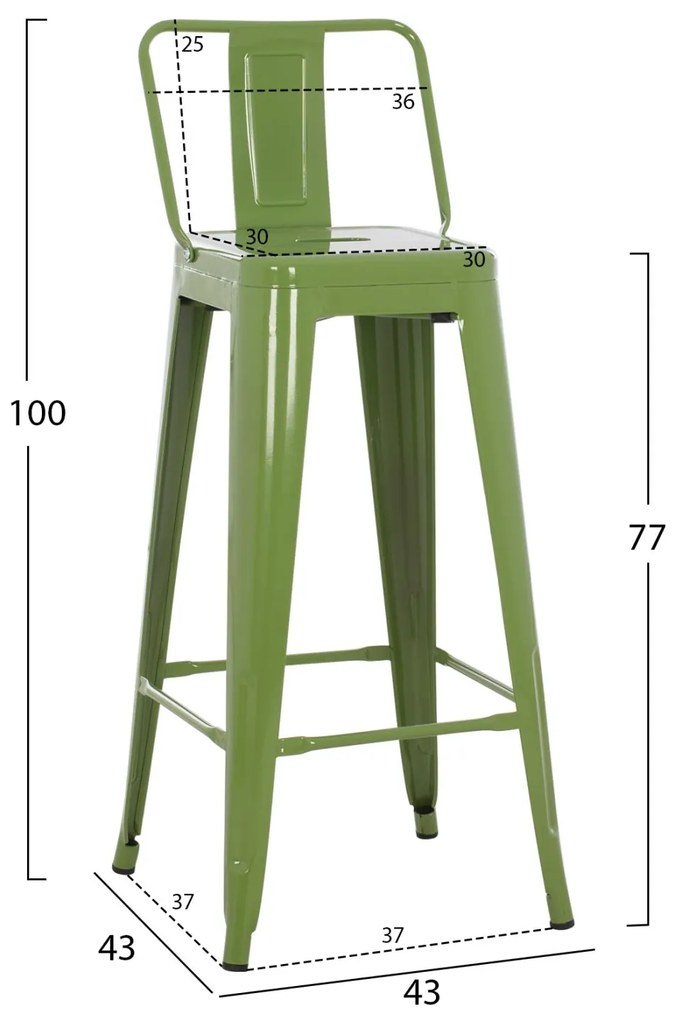 Σκαμπό Bar Μεταλλικό Melita Με Πλάτη Σε Light Olive Green 43x43x100εκ.