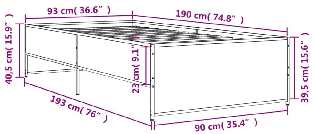 Πλαίσιο Κρεβατιού Sonoma Δρυς 90 x 190 εκ. Επεξ. Ξύλο &amp; Μέταλλο - Καφέ