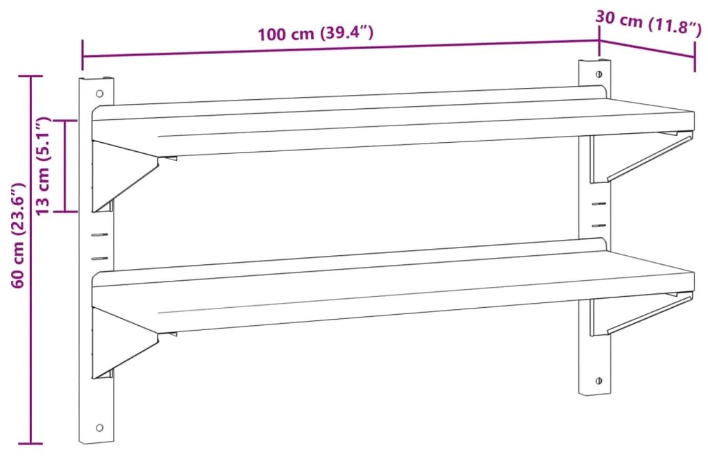 ΡΑΦΙ ΤΟΙΧΟΥ 2 ΕΠΙΠ. ΑΣΗΜΙ 100X30X60 ΕΚ. ΑΝΟΞΕΙΔΩΤΟ ΑΤΣΑΛΙ 30310