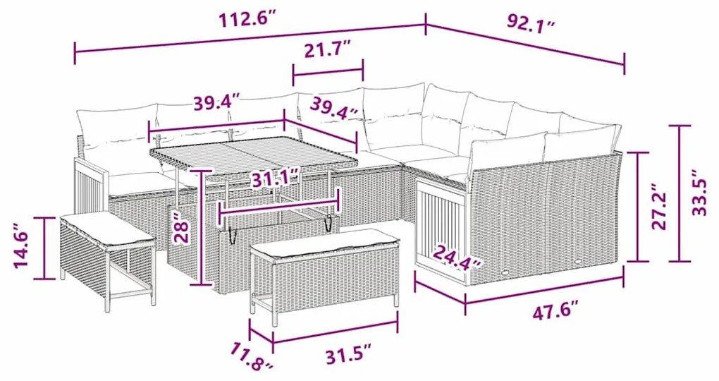 vidaXL Σετ Καναπέ Κήπου με μαξιλάρι 12 pcs Μαύρο 100 x 100 x 71 cm