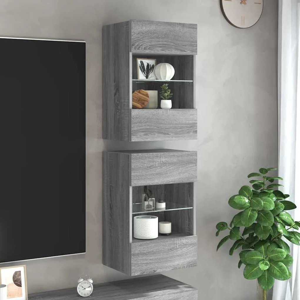 vidaXL Κρεμαστά ντουλάπια με φώτα LED για τηλεόραση 2 Τεμ. Γκρι Sonoma 40x30x60,5 εκ.