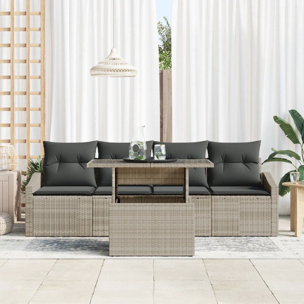 vidaXL Σετ Κήπου 5 Τεμαχίων από Poly Rattan με Μαξιλάρια σε Ανοιχτό Γκρι