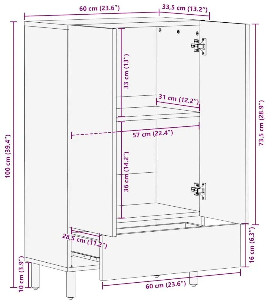 Ψηλός Μπουφές 60x33,5x110 εκ. από Ακατέργαστο Ξύλο Μάνγκο - Καφέ