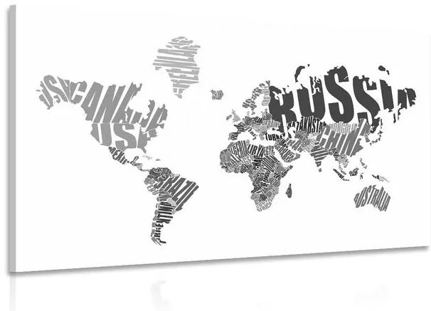 Εικόνα παγκόσμιου χάρτη από επιγραφές σε ασπρόμαυρο - 90x60