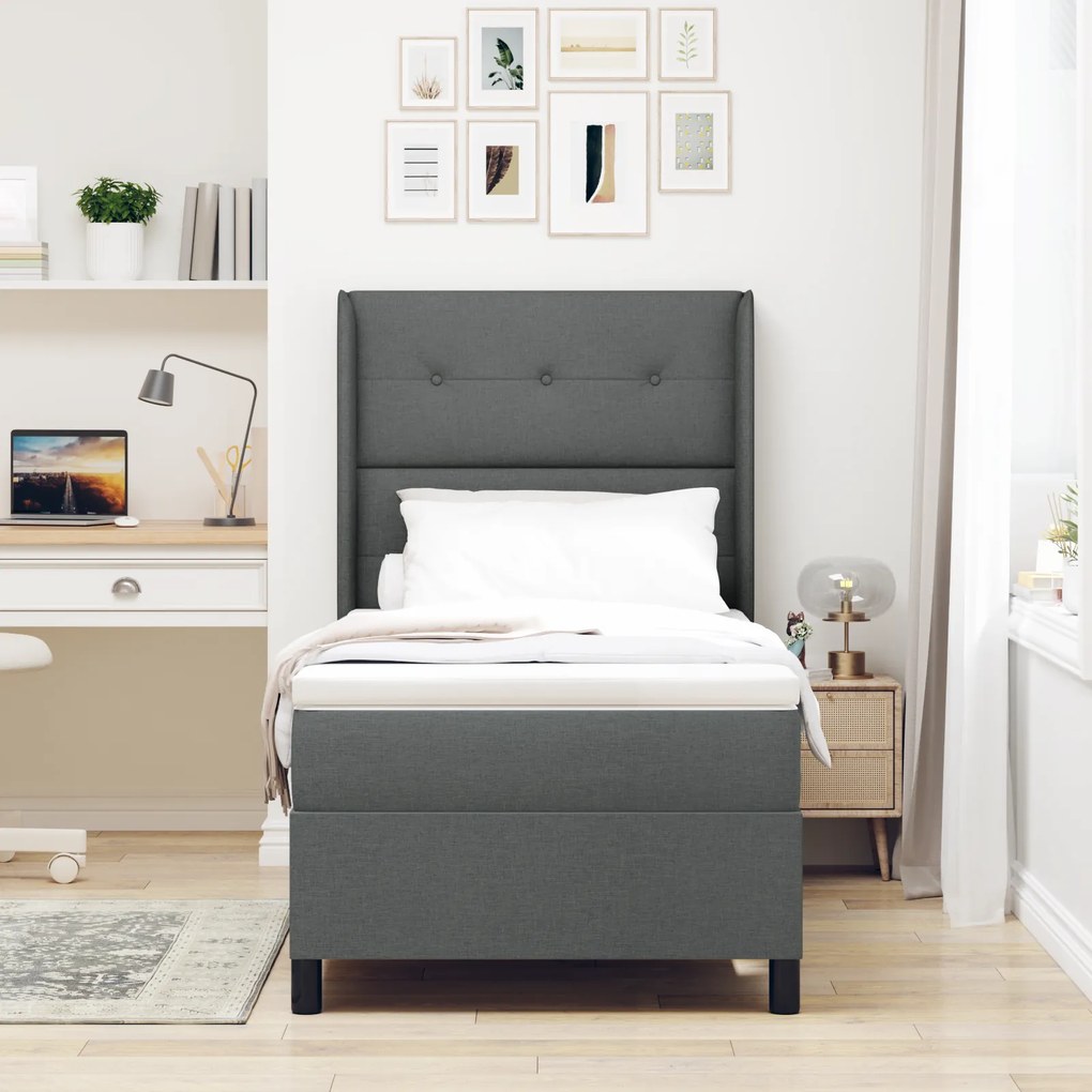 vidaXL κρεβάτι τύπου Box Spring με στρώμα & LED σε σκούρο γκρι 90x190 εκ. υφάσματος