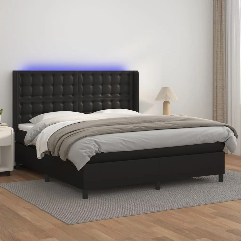 Κρεβάτι Boxspring με Στρώμα &amp; LED Μαύρο 160x200 εκ. Συνθ. Δέρμα