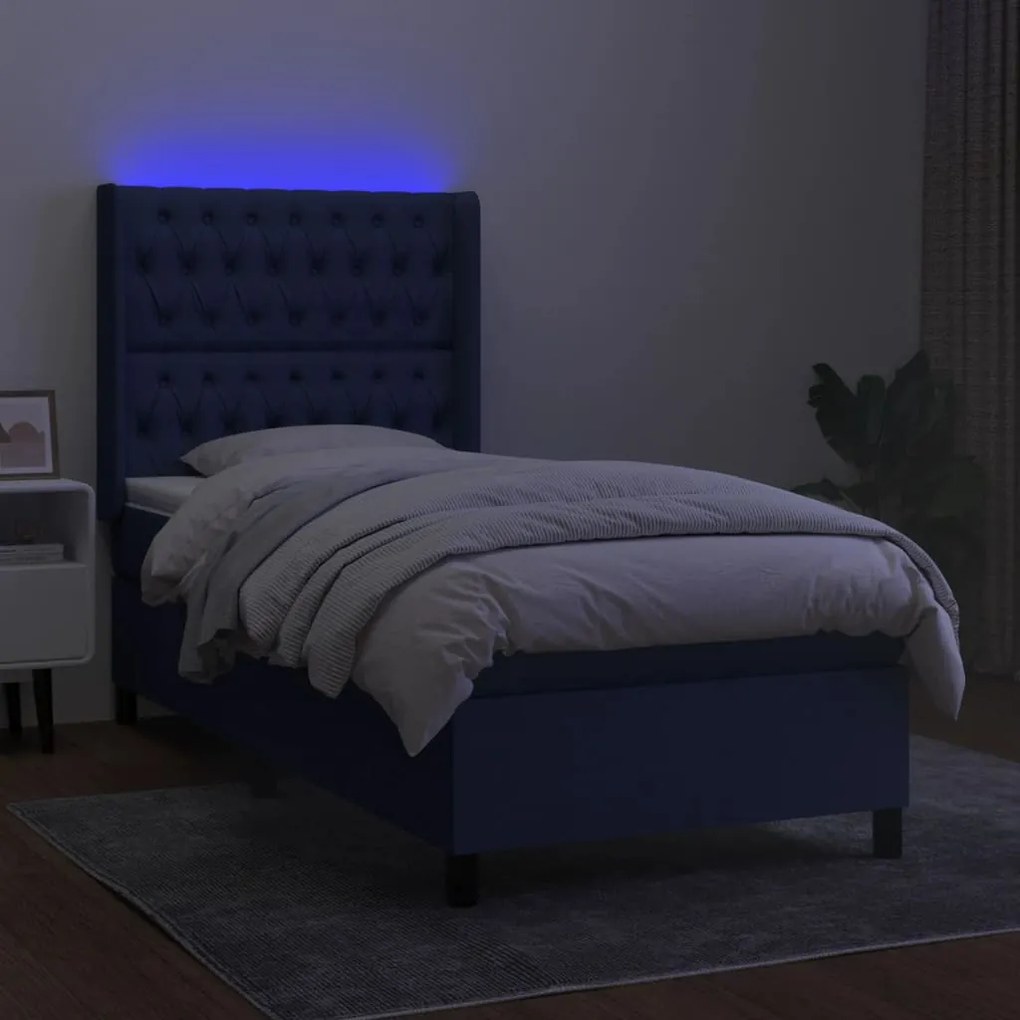 Κρεβάτι Boxspring με Στρώμα &amp; LED Μπλε 90x190 εκ. Υφασμάτινο - Μπλε