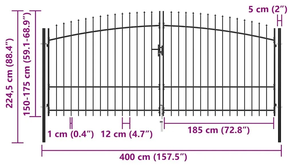 vidaXL Πόρτα Περίφραξης Διπλή με Λόγχες 400 x 225 εκ.