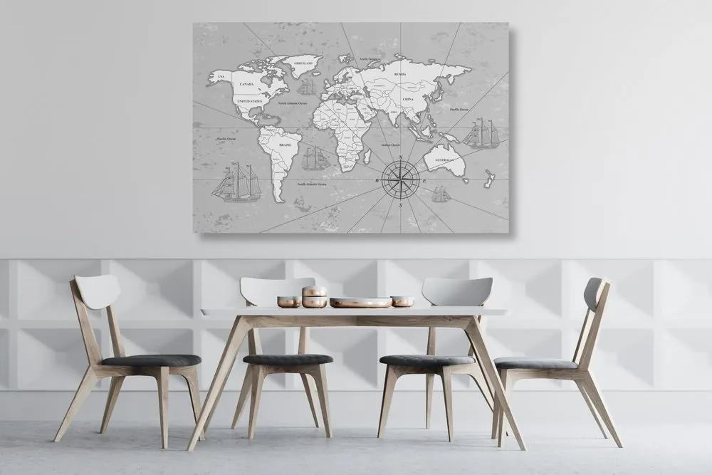 Εικόνα στο φελλό ενός ενδιαφέροντος ασπρόμαυρου χάρτη του κόσμου - 120x80  transparent