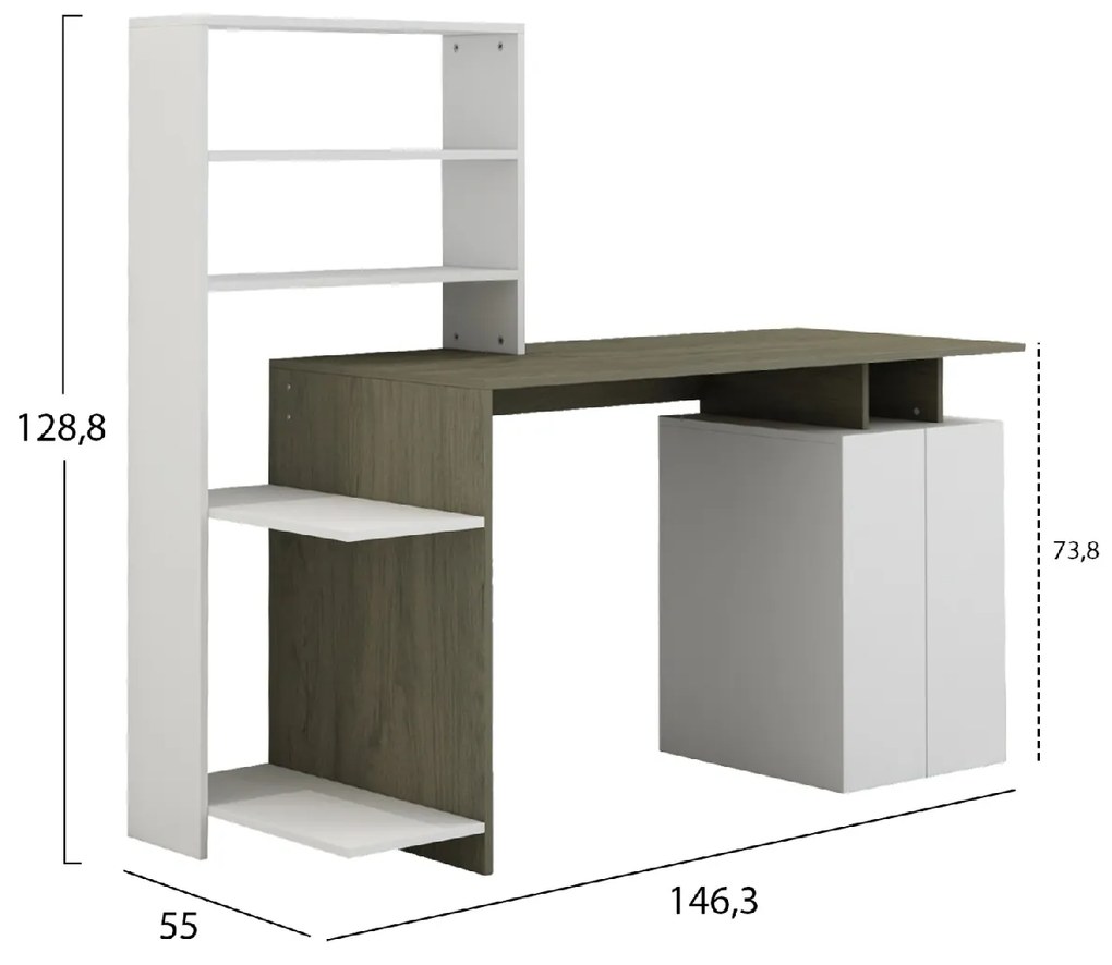 ΓΡΑΦΕΙΟ ΜΕ ΒΙΒΛΙΟΘΗΚΗ ROCHELL ΜΕΛΑΜΙΝΗ OLIVE GREY ΛΕΥΚΟ 146,3x55x128,8Υεκ.HM8886.11