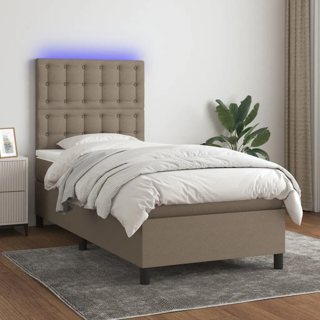 Κρεβάτι Boxspring με Στρώμα &amp; LED Taupe 90x200 εκ. Υφασμάτινο