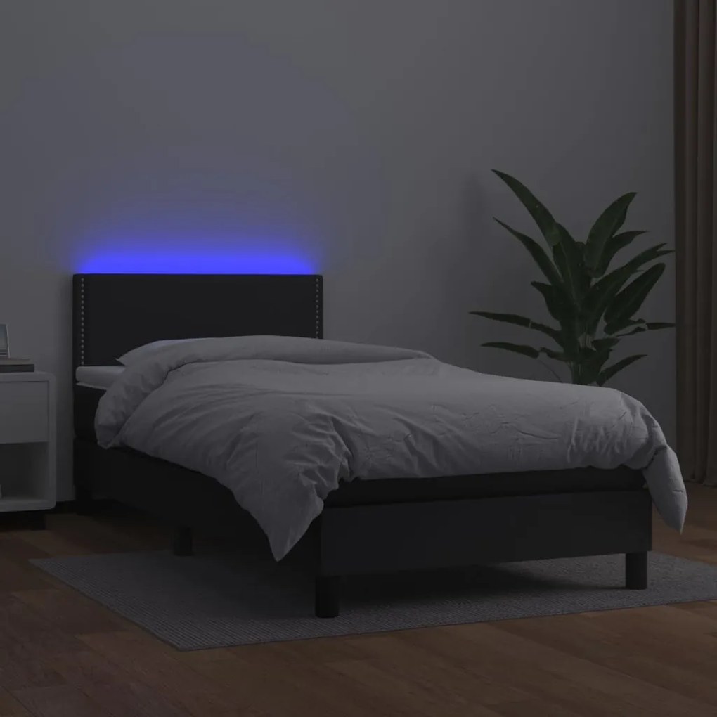 Κρεβάτι Boxspring με Στρώμα &amp; LED Μαύρο 90x200 εκ. Συνθ. Δέρμα - Μαύρο