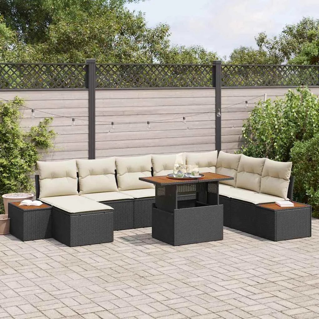 vidaXL Σέτ φαγητού για κήπο με μαξιλάρι 9 pcs Μαύρο και Μπεζ