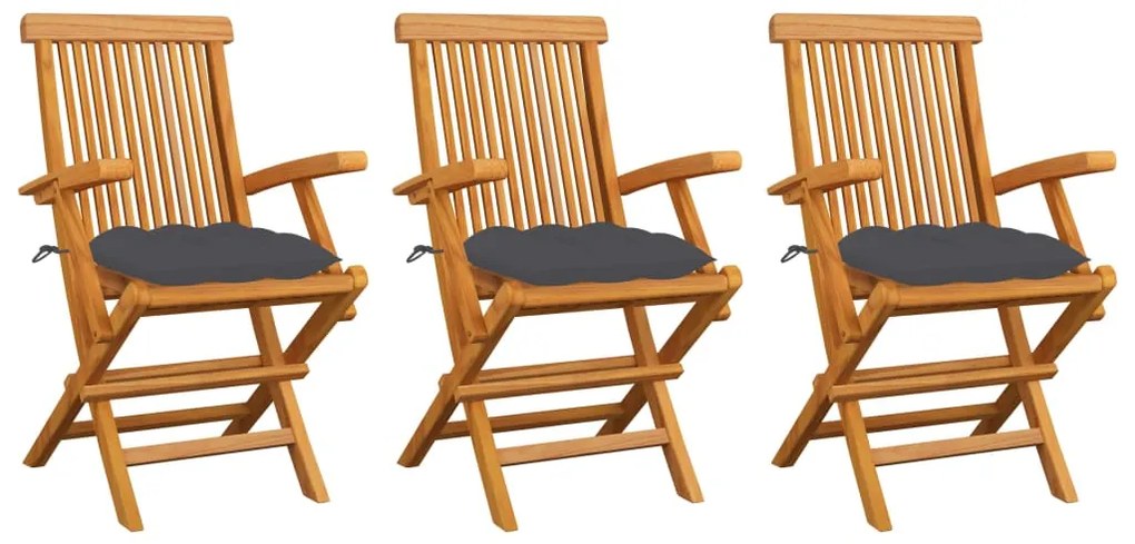 vidaXL Καρέκλες Κήπου 3 τεμ. από Μασίφ Ξύλο Teak με Ανθρακί Μαξιλάρια