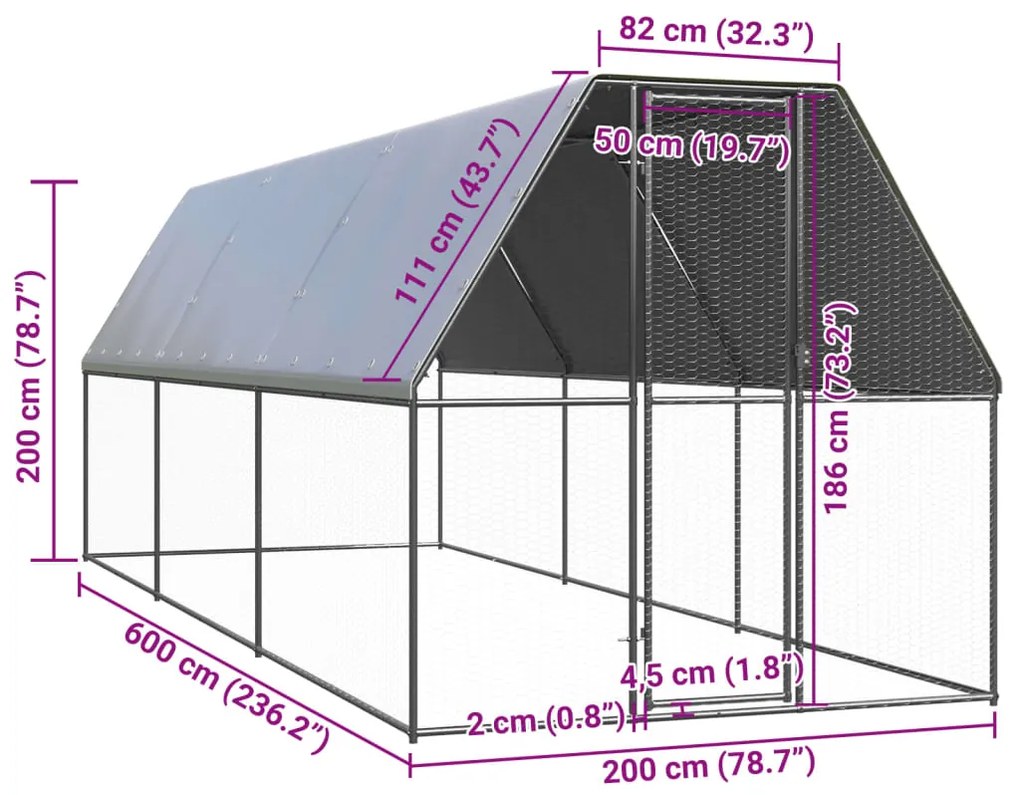 vidaXL Κοτέτσι - Κλουβί Εξωτ. Χώρου 2x6x2 μ. από Γαλβανισμένο Χάλυβα