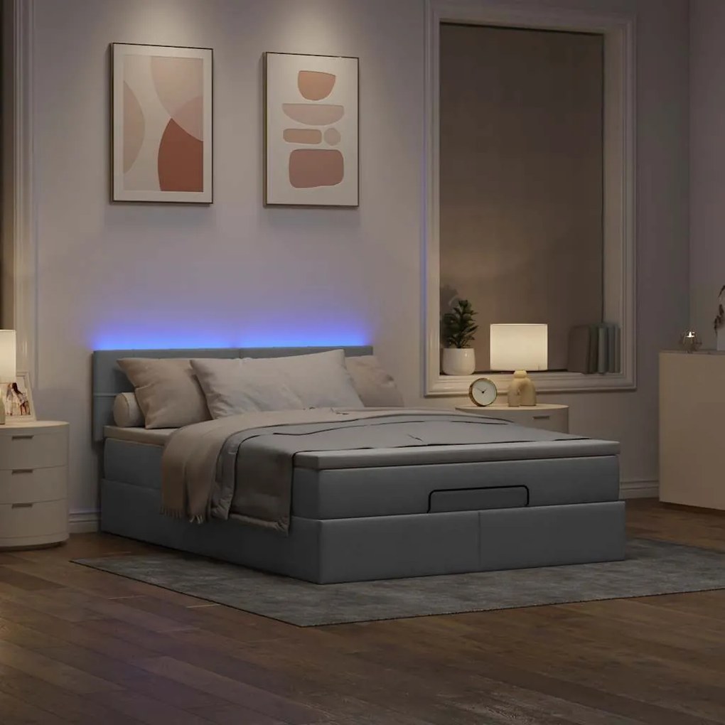 vidaXL Οθωμανικό κρεβάτι με στρώμα & LEDs Ανοιχτό γκρι ύφασμα