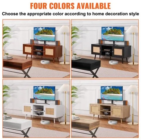 VEVOR Rattan TV Stand, Boho TV Cabinet for 55 inch TV, Mid Century Modern TV Stand, Rattan TV Console with Adjustable Shelfs for  Living Room, Media Room, Oak