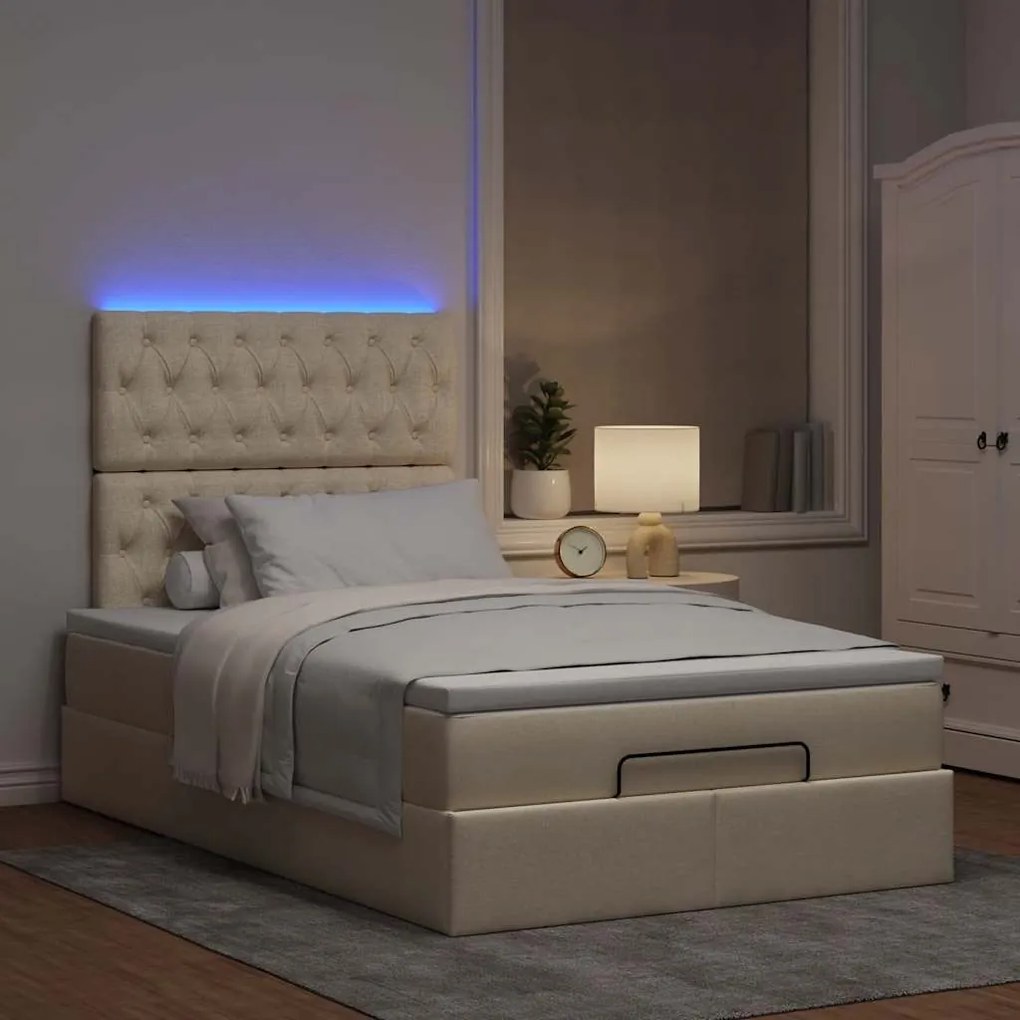 vidaXL Οθωμανικό κρεβάτι με στρώμα & LEDs Cream 120x200cm ύφασμα