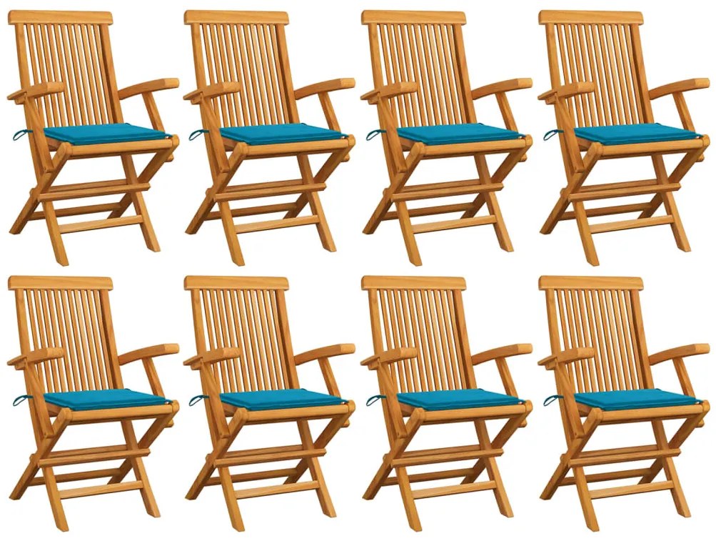 vidaXL Καρέκλες Κήπου 8 τεμ. από Μασίφ Ξύλο Teak με Μπλε Μαξιλάρια