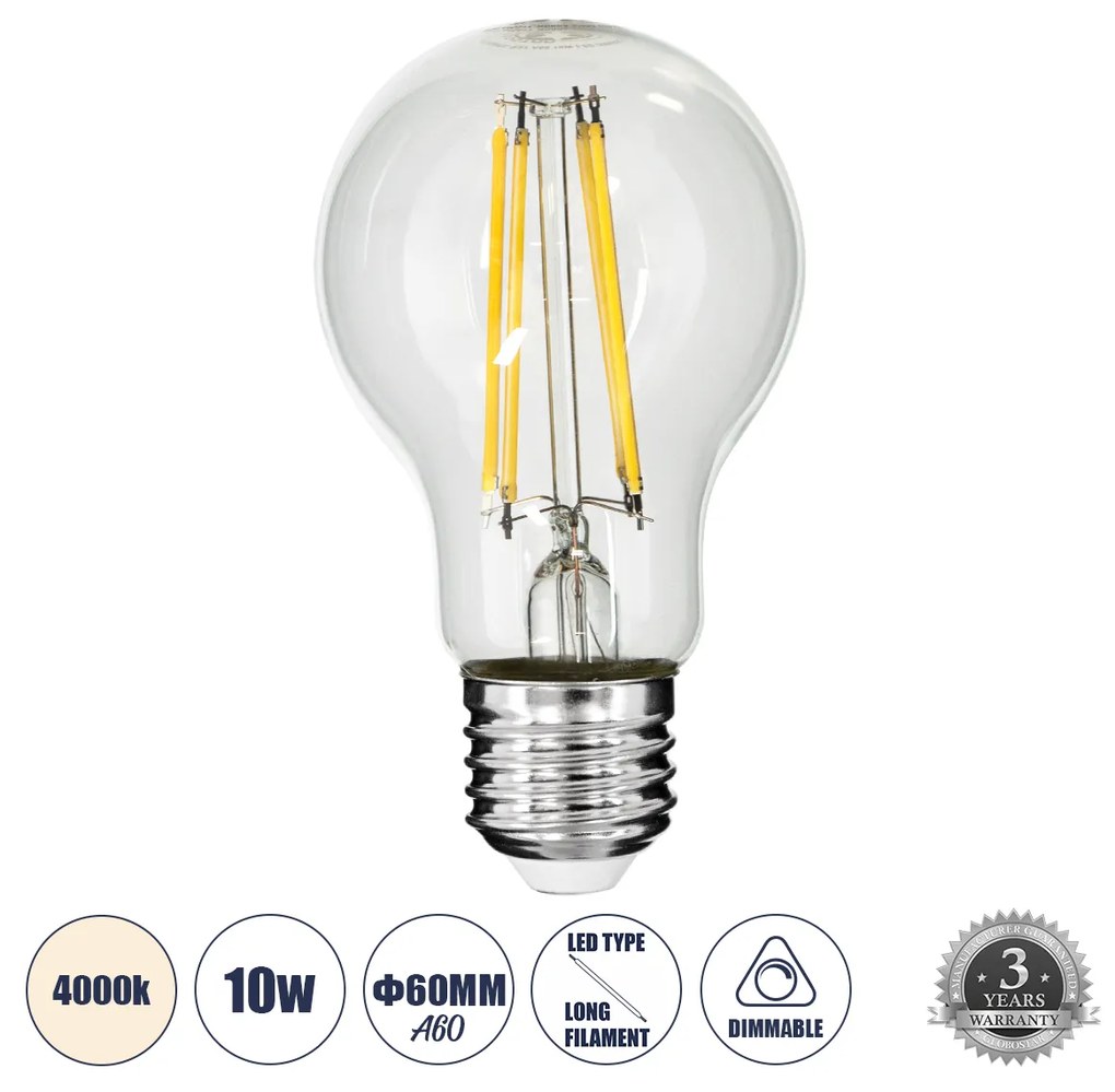 GloboStar 99053 Λάμπα LED Long Filament E27 A60 Γλόμπος 10W 1100lm 360° AC 220-240V IP20 Φ6 x Υ10.5cm Φυσικό Λευκό 4000K με Διάφανο Γυαλί - Dimmable - 3 Χρόνια Εγγύηση