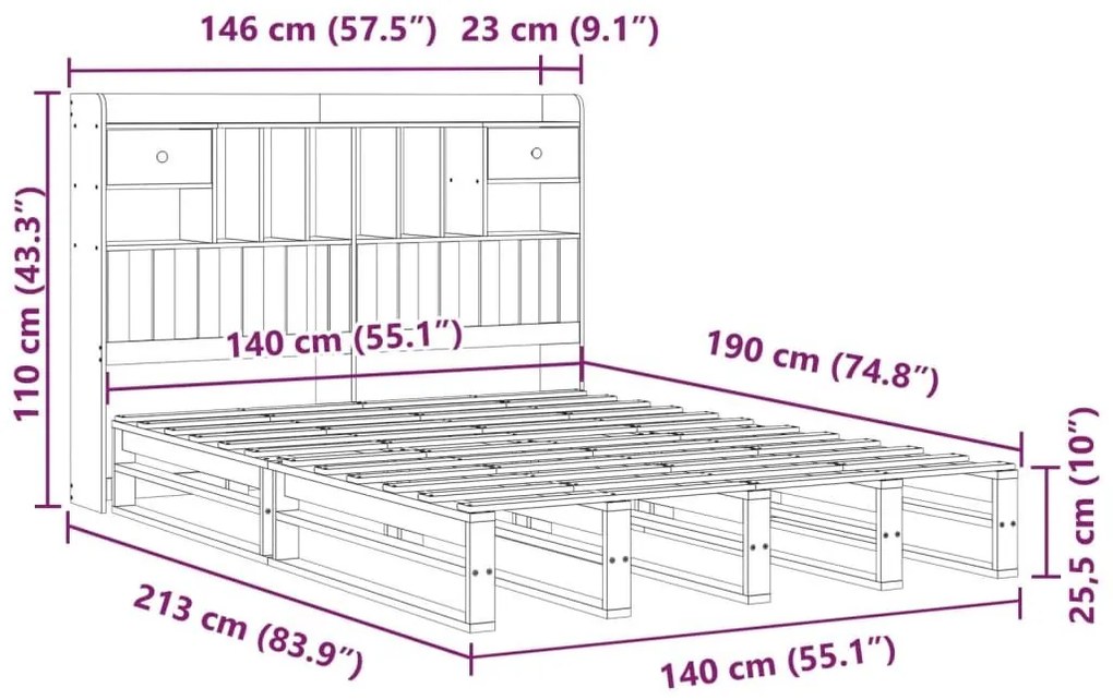 Κρεβάτι Βιβλιοθήκη Χωρίς Στρώμα 140x190 εκ Μασίφ Ξύλο Πεύκου - Καφέ
