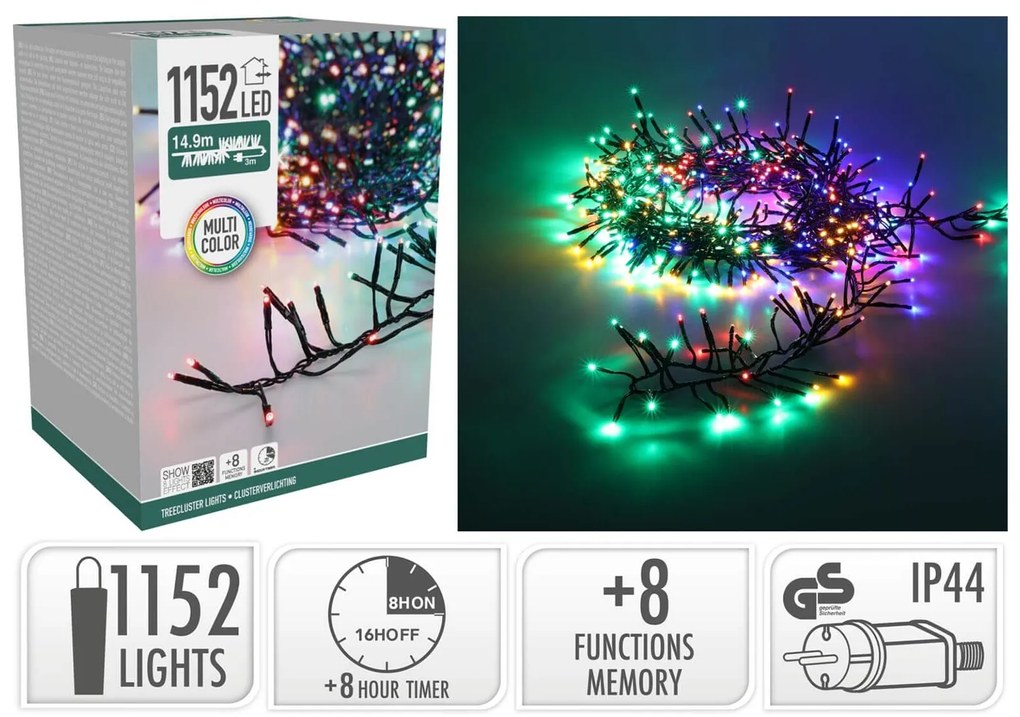1152 Φωτάκια LED - 14.9 Μέτρα + 3 Μέτρα σύνδεσης, Κανονική Διάταξη, με χειριστήριο, 8 προγράμματα, Πράσινο καλώδιο PVC - Πολύχρωμο