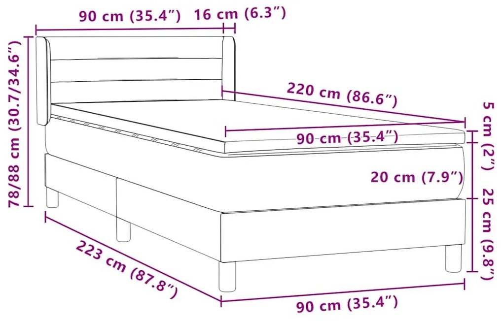 Κρεβάτι Boxspring με Στρώμα Μαύρο 90x220 εκ. Βελούδινο - Μαύρο