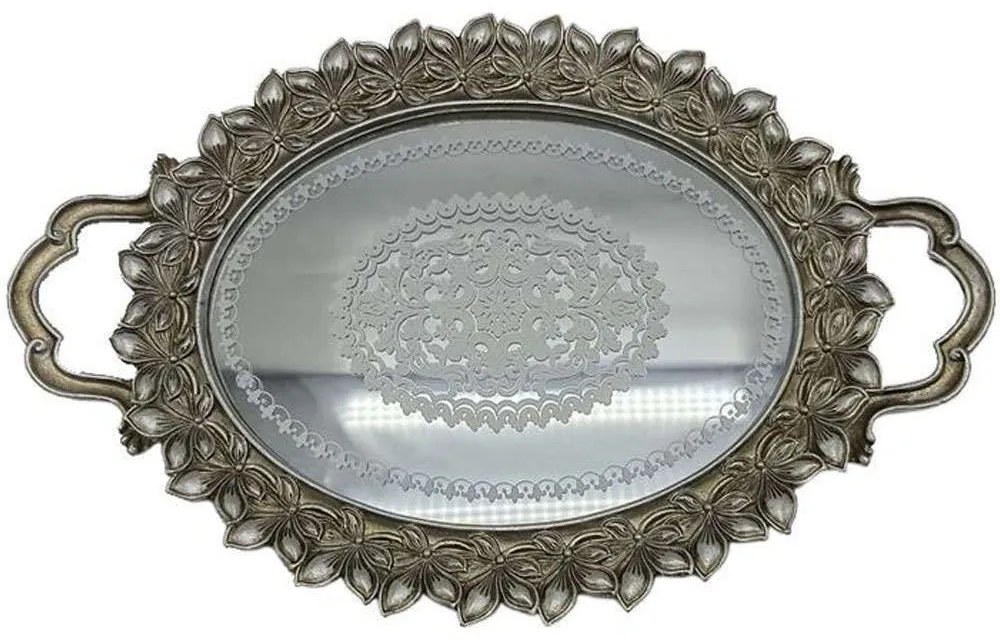 Διακοσμητικός Δίσκος Με Καθρέπτη Flower 279-222-157 40x25x4cm Silver Polyresin