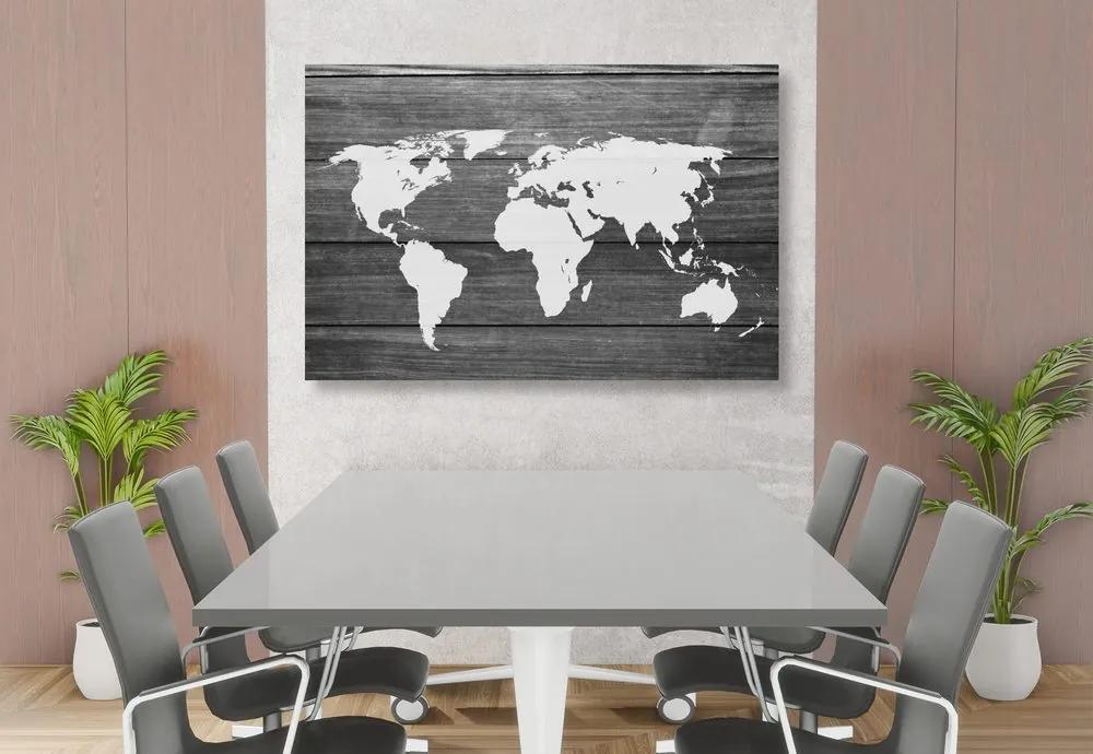 Εικόνα ασπρόμαυρο παγκόσμιο χάρτη με ξύλινο φόντο - 120x80