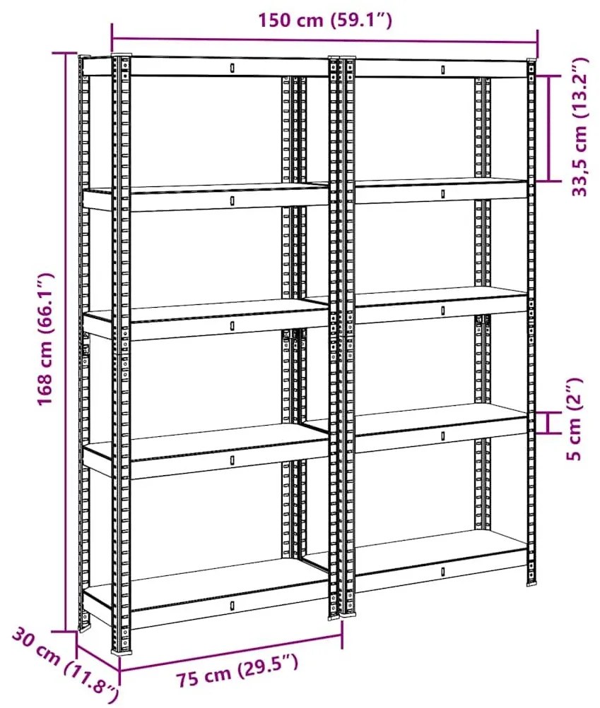 Ράφια αποθήκευσης 5 επιπέδων 2 τμχ Ασημί χάλυβας &amp; Τεχνικό ξύλο - Ασήμι