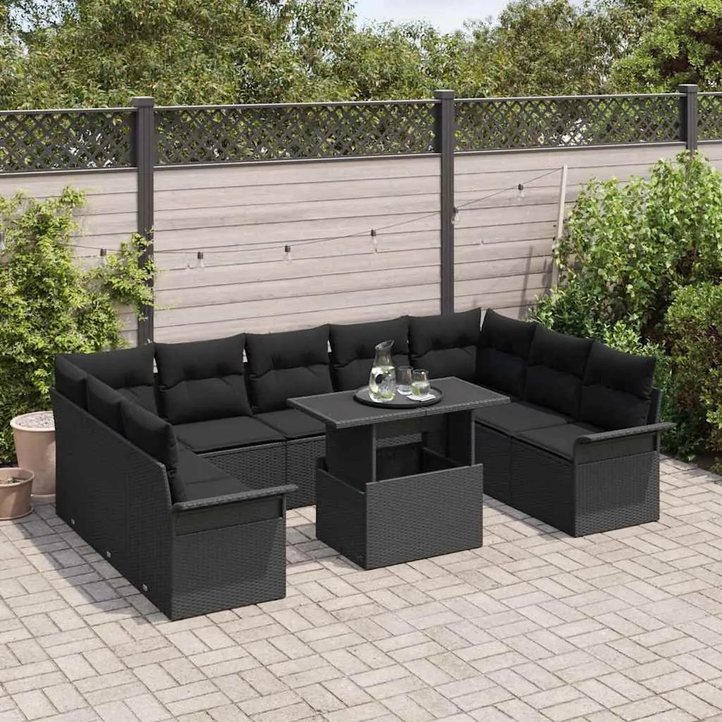 vidaXL Σετ Καναπέ Κήπου με μαξιλάρι 10 pcs Μαύρο Πολυ ράταν