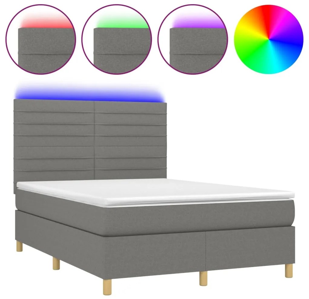 vidaXL Κρεβάτι Boxspring με Στρώμα &amp; LED Σκ.Γκρι 140x190εκ. Υφασμάτινο