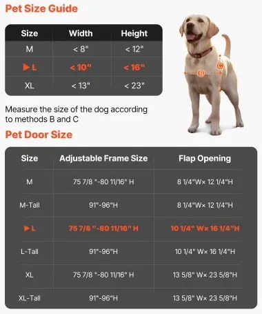 VEVOR Dog Door for Sliding Glass Door, 1927 mm to 2040 mm Adjustable Height, Aluminum Alloy Frame with Rotating Hinges, Lock Design, 260.4 x 412.8 mm Flap, Sliding Glass Pet Door for Renters