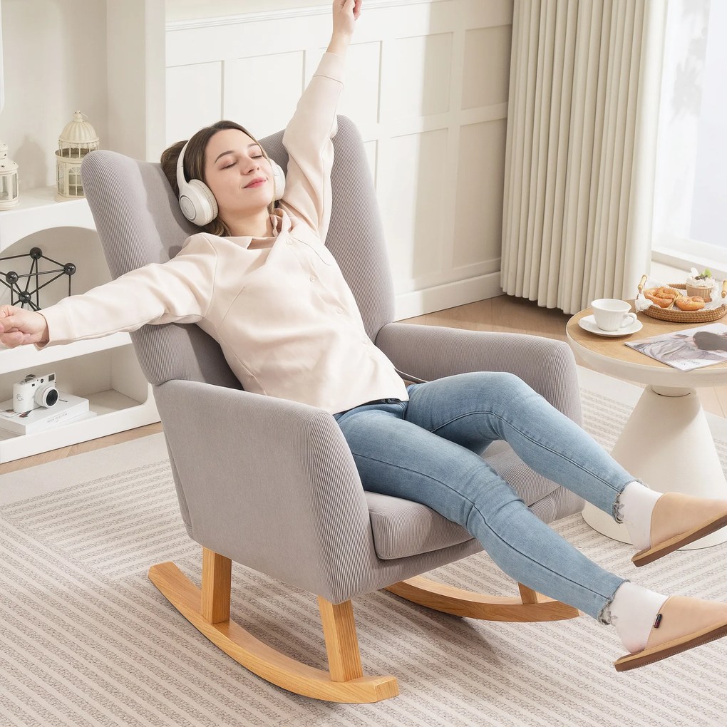 HOMCOM Κουνιστή πολυθρόνα σε ρετρό στυλ, κάλυμμα από κοτλέ, ξύλο καουτσούκ, γέμισμα αφρού, ψηλή πλάτη, πολυθρόνα με μαξιλάρι, Ανοιχτό γκρι