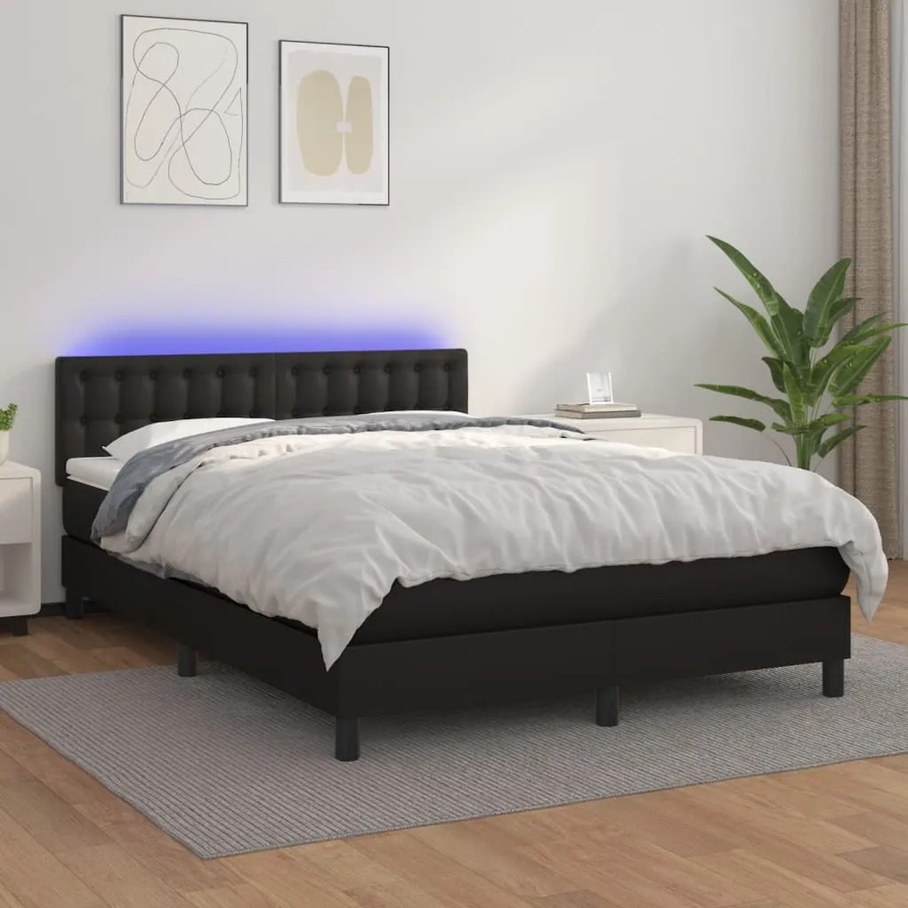 Κρεβάτι Boxspring με Στρώμα & LED Μαύρο 140x190 εκ. Συνθ. Δέρμα