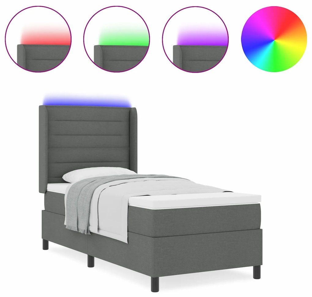 vidaXL Κρεβάτι με Στρώμα & LED Σκούρο Γκρι 90x200 εκ. Υφάσματος