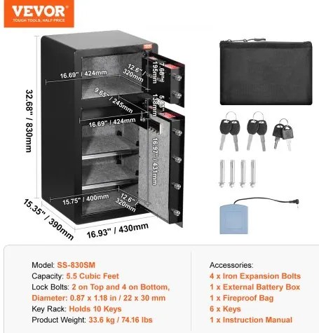 VEVOR Double Door 5.5 cu.ft Safe Box with Key Lock Password Cabinet Black