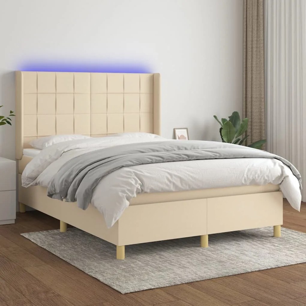 vidaXL Κρεβάτι Boxspring με Στρώμα &amp; LED Κρεμ 140x200 εκ. Υφασμάτινο